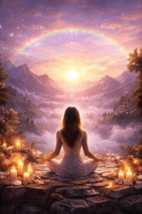 Meditierende Frau vor kosmischem Portal – Portaltage 2026